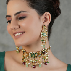 Gold Plated Multi-Color Ethnic Choker Set With Earrings