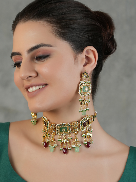 Gold Plated Multi-Color Ethnic Choker Set With Earrings