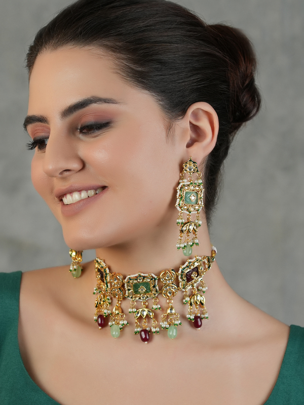 Gold Plated Multi-Color Ethnic Choker Set With Earrings