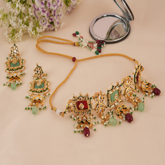 Gold Plated Multi-Color Ethnic Choker Set With Earrings