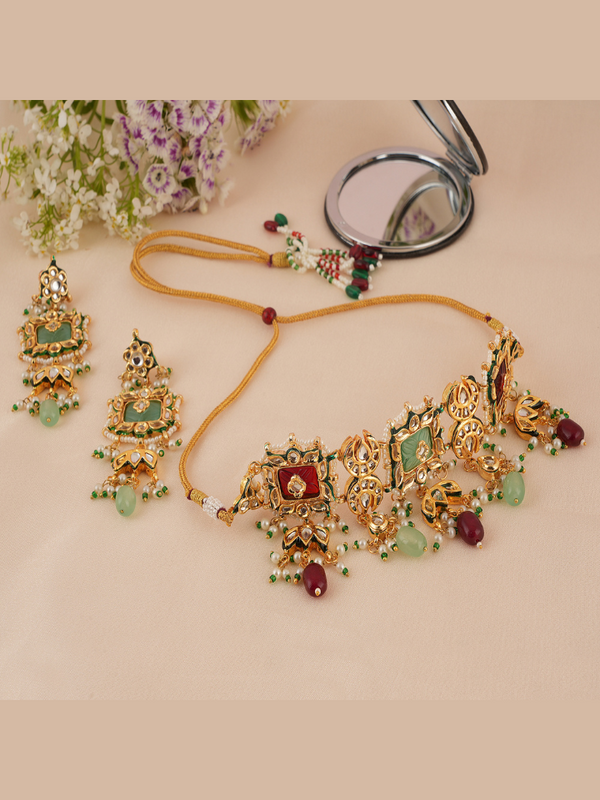 Gold Plated Multi-Color Ethnic Choker Set With Earrings