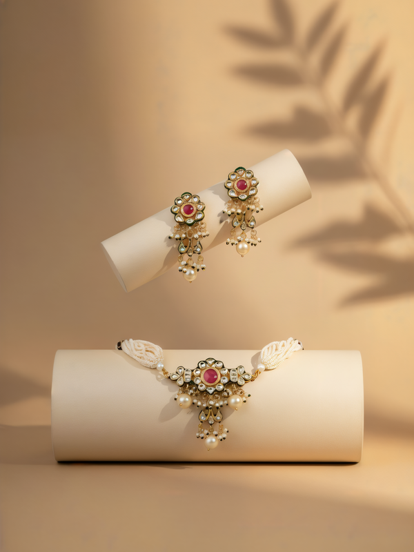 Pink Kundan Polki Gold-Plated Choker Set with Earrings