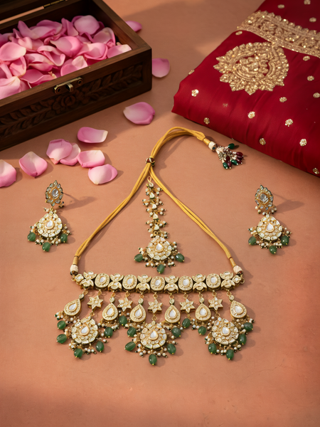 Bridal Green Kundan Polki Choker Set (4 Pc)