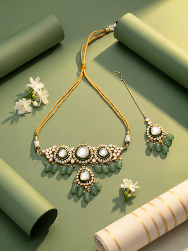 Bridal Green Choker with Mangtika Set