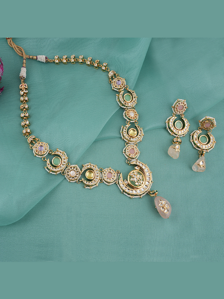 Gold Plated Ethnic Long Kundan Necklace Set With Earrings