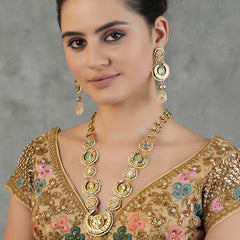 Gold Plated Ethnic Long Kundan Necklace Set With Earrings