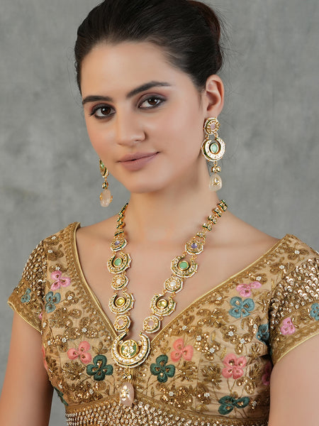 Gold Plated Ethnic Long Kundan Necklace Set With Earrings