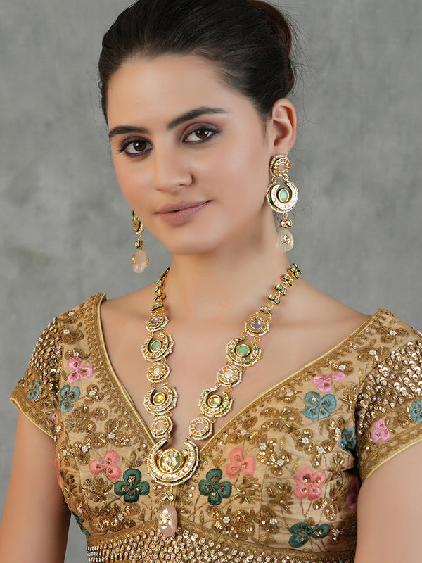 Gold Plated Ethnic Long Kundan Necklace Set With Earrings