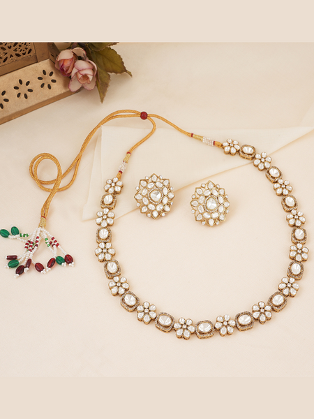 Gold Plated Long Kundan Necklace With Earrings