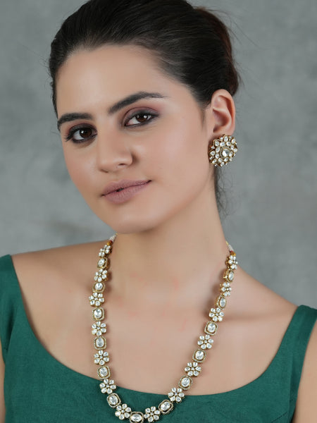 Gold Plated Long Kundan Necklace With Earrings