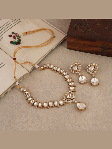 Gold Plated Long Kundan Studded Necklace With Earrings