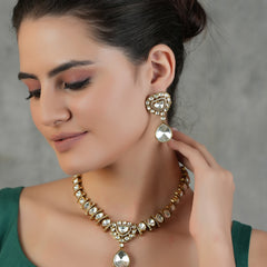 Gold Plated Long Kundan Studded Necklace With Earrings
