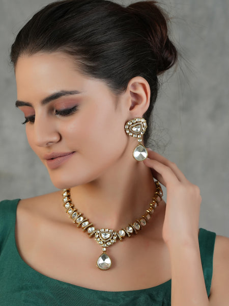 Gold Plated Long Kundan Studded Necklace With Earrings