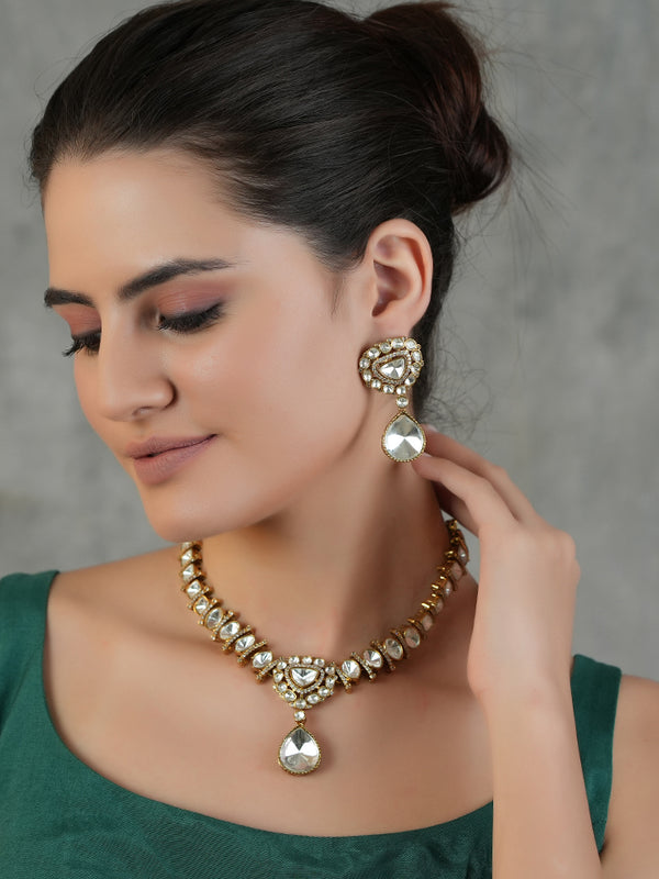 Gold Plated Long Kundan Studded Necklace With Earrings