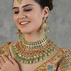 Gold Plated Kundan Studded Green Choker Necklace Set With Earrings