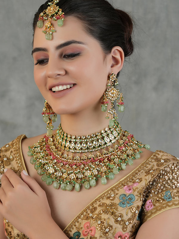 Gold Plated Kundan Studded Green Choker Necklace Set With Earrings