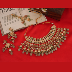 Gold Plated Kundan Studded Green Choker Necklace Set With Earrings