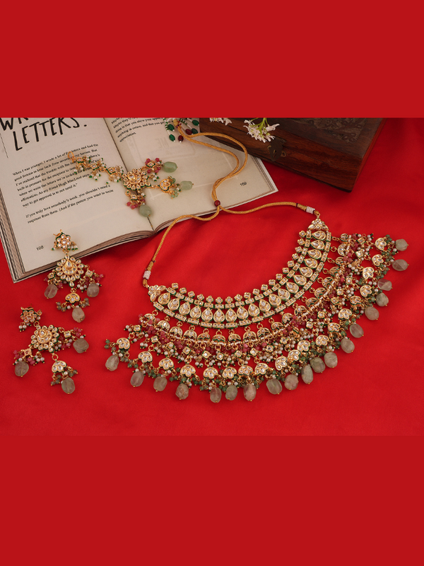 Gold Plated Kundan Studded Green Choker Necklace Set With Earrings