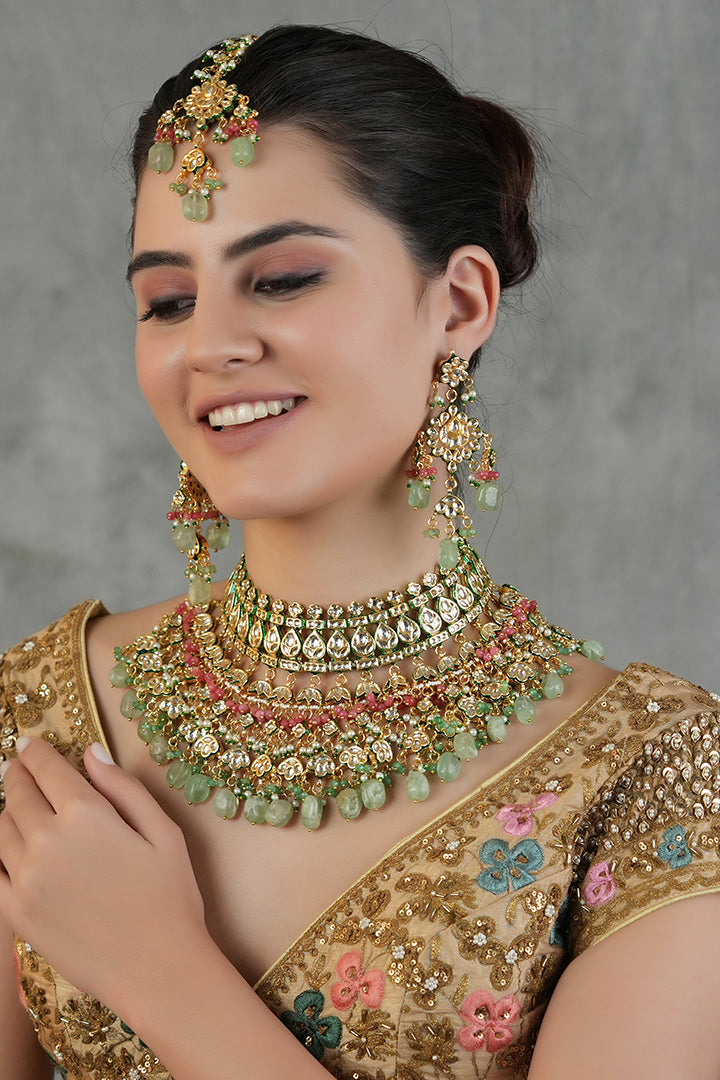 Gold Plated Kundan Studded Green Choker Necklace Set With Earrings