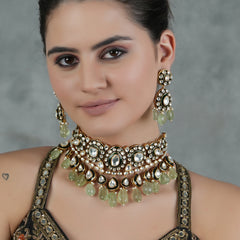 Gold Plated Kundan Studded Green Necklace Set With Earrings
