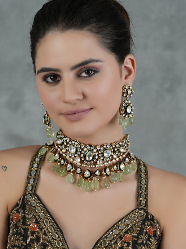 Gold Plated Kundan Studded Green Necklace Set With Earrings