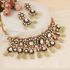 Gold Plated Kundan Studded Green Necklace Set With Earrings