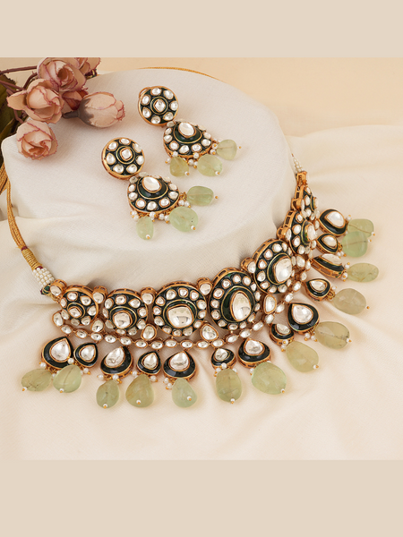 Gold Plated Kundan Studded Green Necklace Set With Earrings