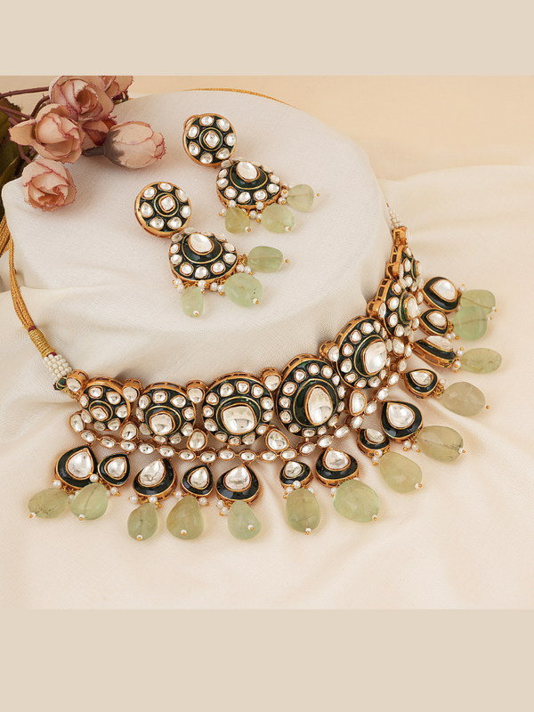 Gold Plated Kundan Studded Green Necklace Set With Earrings
