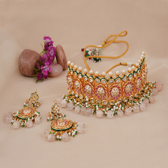 Gold Plated Ethnic Pink Choker Necklace Set With Earrings