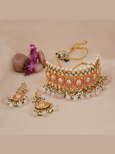 Gold Plated Ethnic Pink Choker Necklace Set With Earrings
