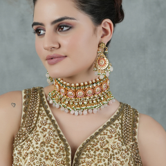 Gold Plated Ethnic Pink Choker Necklace Set With Earrings