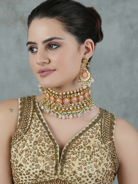 Gold Plated Ethnic Pink Choker Necklace Set With Earrings