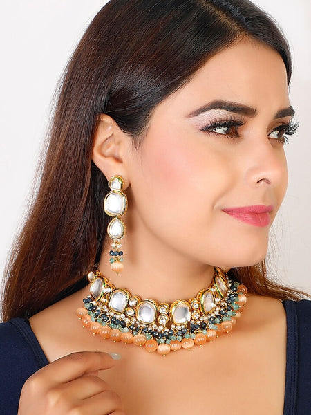 Gold Finish Choker Necklace Set With Kundans