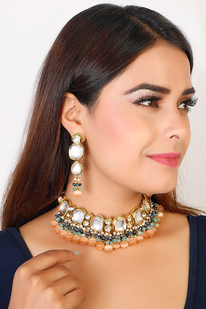 Gold Finish Choker Necklace Set With Kundans