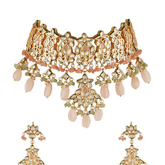 Gold Finish Choker Necklace Set With Kundan Polki