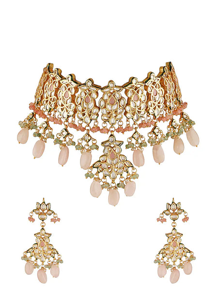 Gold Finish Choker Necklace Set With Kundan Polki