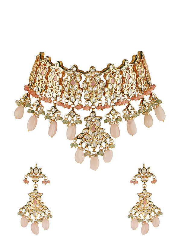 Gold Finish Choker Necklace Set With Kundan Polki