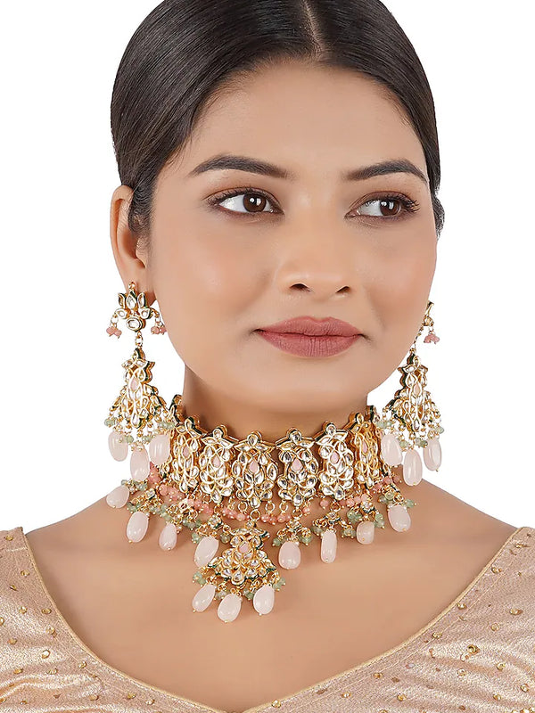 Gold Finish Choker Necklace Set With Kundan Polki