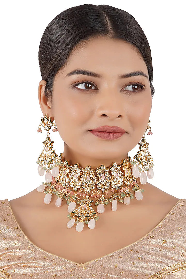 Gold Finish Choker Necklace Set With Kundan Polki