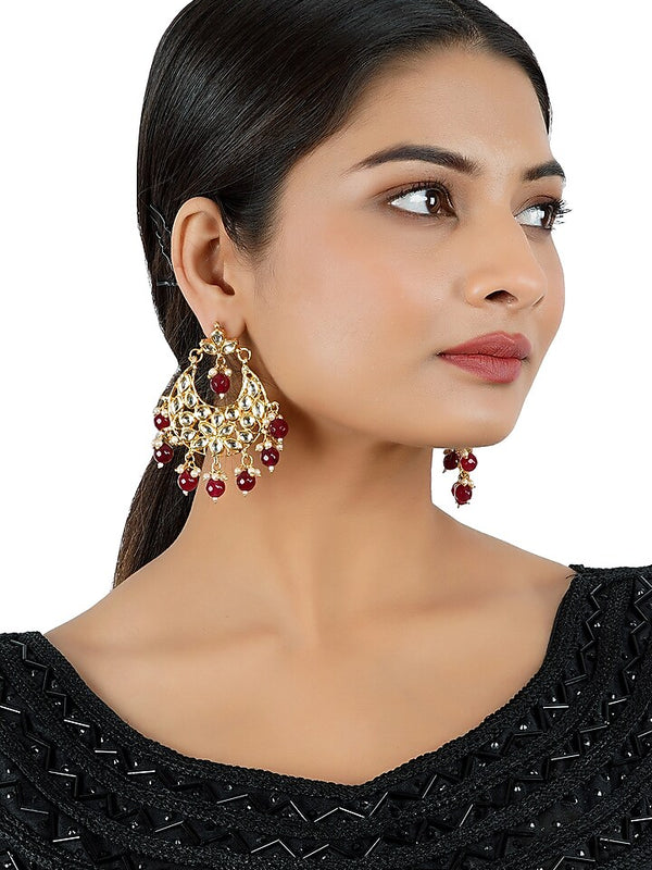 Gold Finish Earrings With Maroon Drops