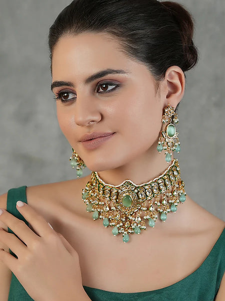 Gold Finish Kundan Polki Choker Necklace Set