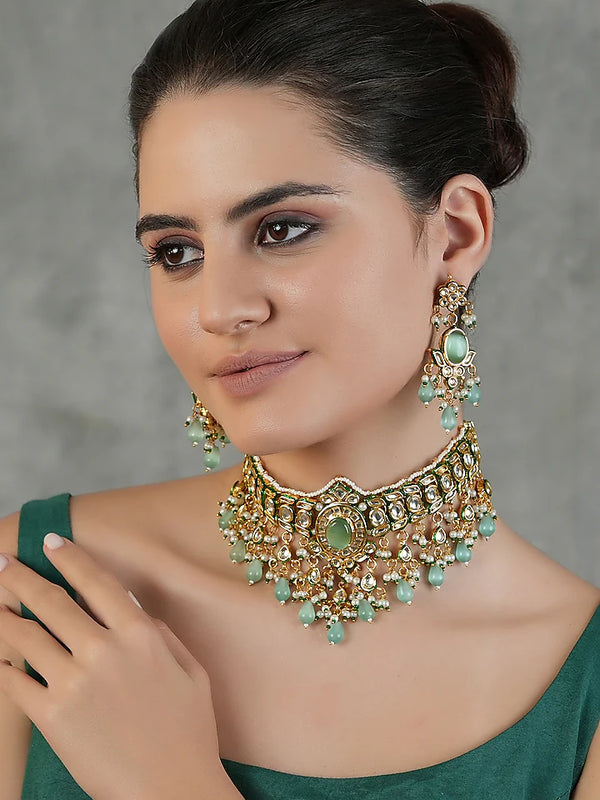 Gold Finish Kundan Polki Choker Necklace Set