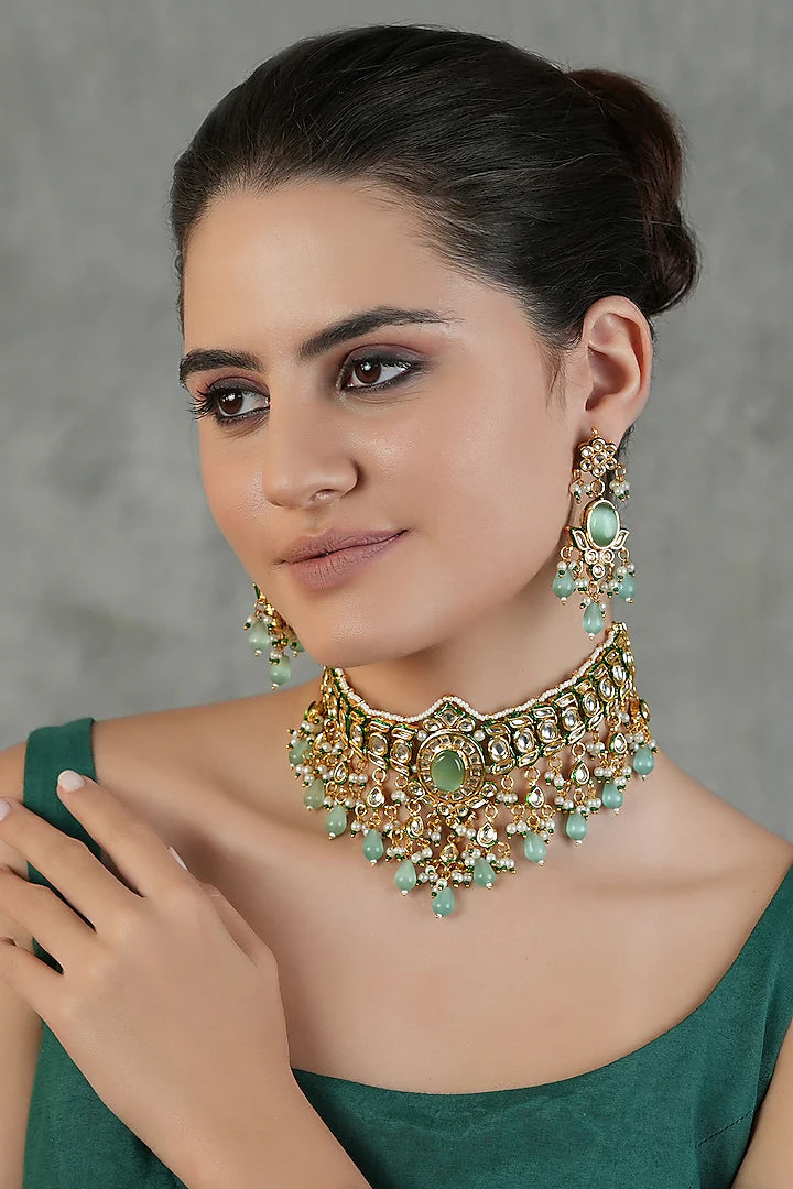 Gold Finish Kundan Polki Choker Necklace Set
