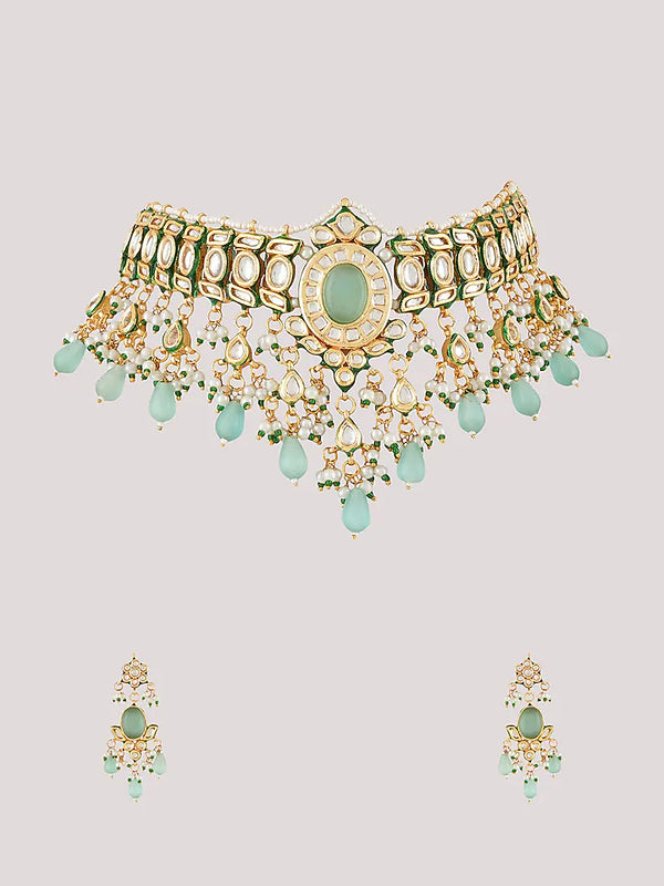 Gold Finish Kundan Polki Choker Necklace Set
