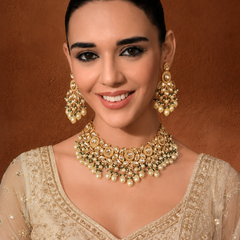 Gold Finish Kundan Polki & Pearl Necklace Set