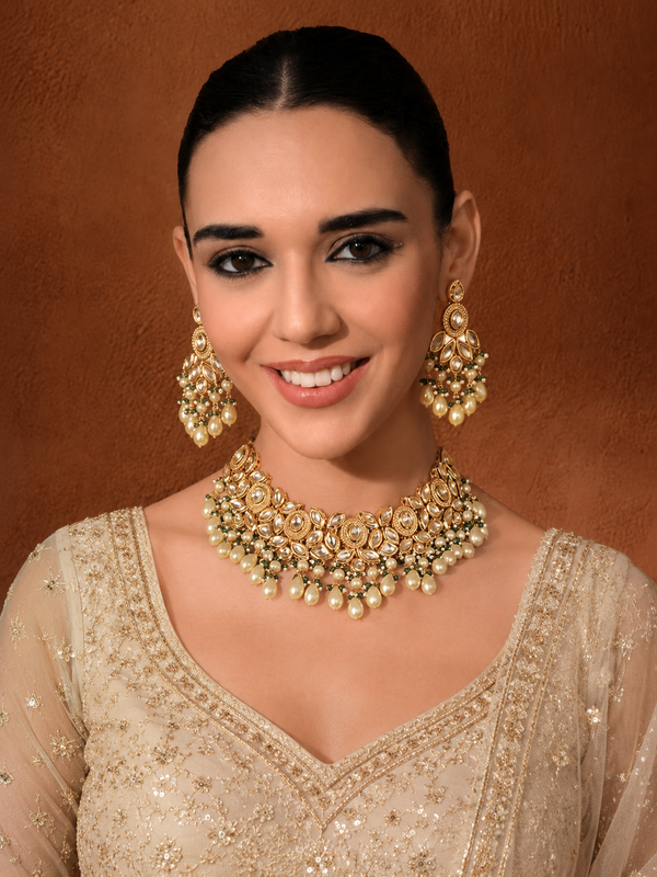 Gold Finish Kundan Polki & Pearl Necklace Set