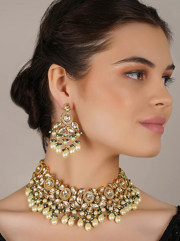 Gold Finish Kundan Polki & Pearl Necklace Set