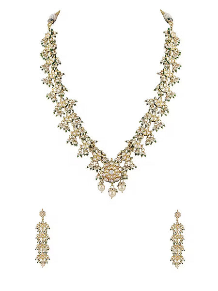 Gold Finish White Kundan Polki Long Necklace Set