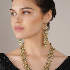 Gold Finish White Kundan Polki Long Necklace Set