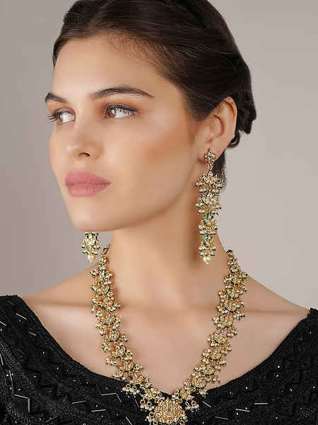 Gold Finish White Kundan Polki Long Necklace Set